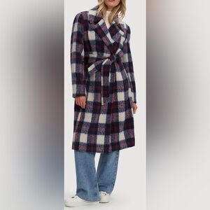 Noize Womens Katja Plaid Long Length Vegan Wool Belted Coat.Sz S New Without Tag